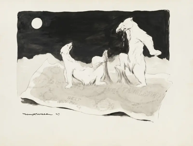 Two polar bears stuck on a giant sheet of fly paper. av William Henry Walker