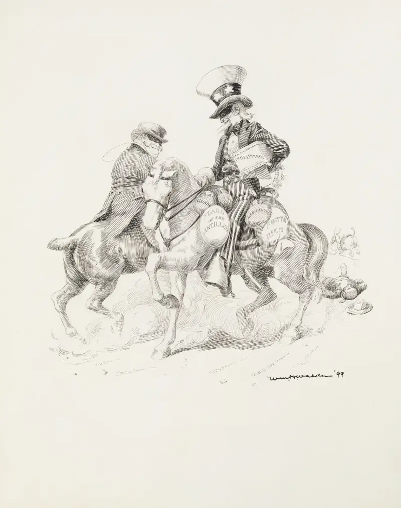 Uncle Sam und ein weiterer Mann als Banditen zu Pferd von William Henry Walker