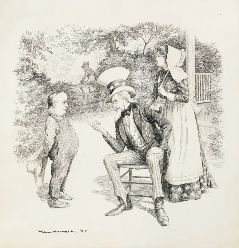 Onkel Sam und Columbia (als Bauersfrau gekleidet) im Gespräch mit einem als junger Junge in Latzhose dargestellten Mann von William Henry Walker
