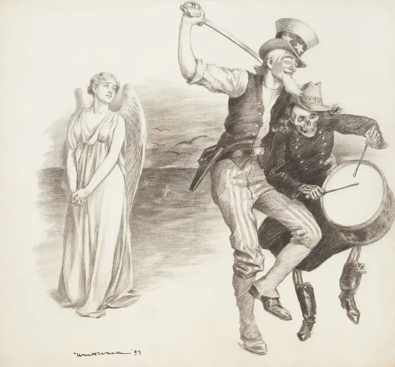 Uncle Sam dansar med ett skelett i uniform, som representerar Kriget, medan en kvinnlig ängel tittar på dem och gråter. av William Henry Walker