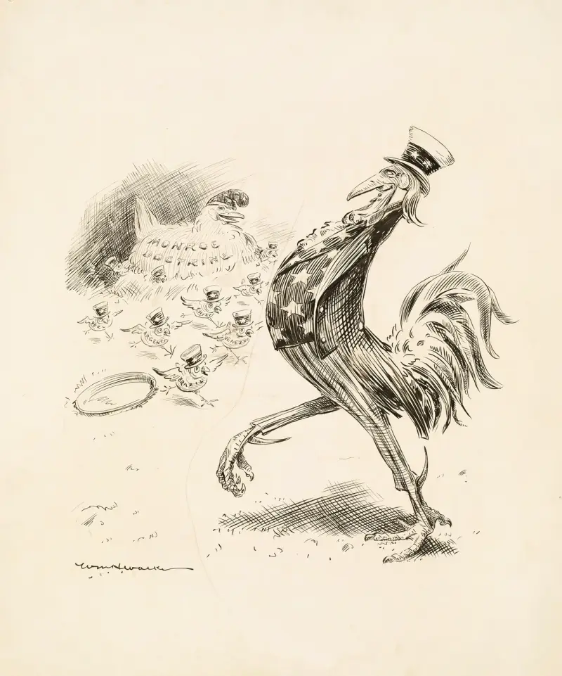 Wuj Sam przedstawiony jako dumny kogut, a Doktryna Monroe'a jako jego kura, William Henry Walker