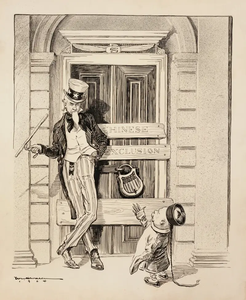 Uncle Sam har stängt dörren till USA för att hålla en kinesisk man ute, med skyltar där det står 'Chinese Exclusion' av William Henry Walker
