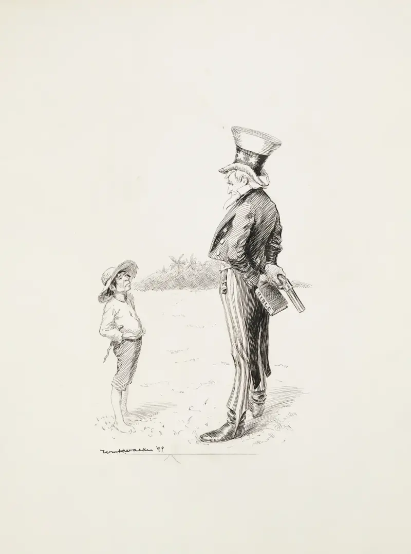 Onkel Sam mit einer Pistole und einer Bibel hinter dem Rücken spricht mit einem Mann aus einem tropischen Land von William Henry Walker