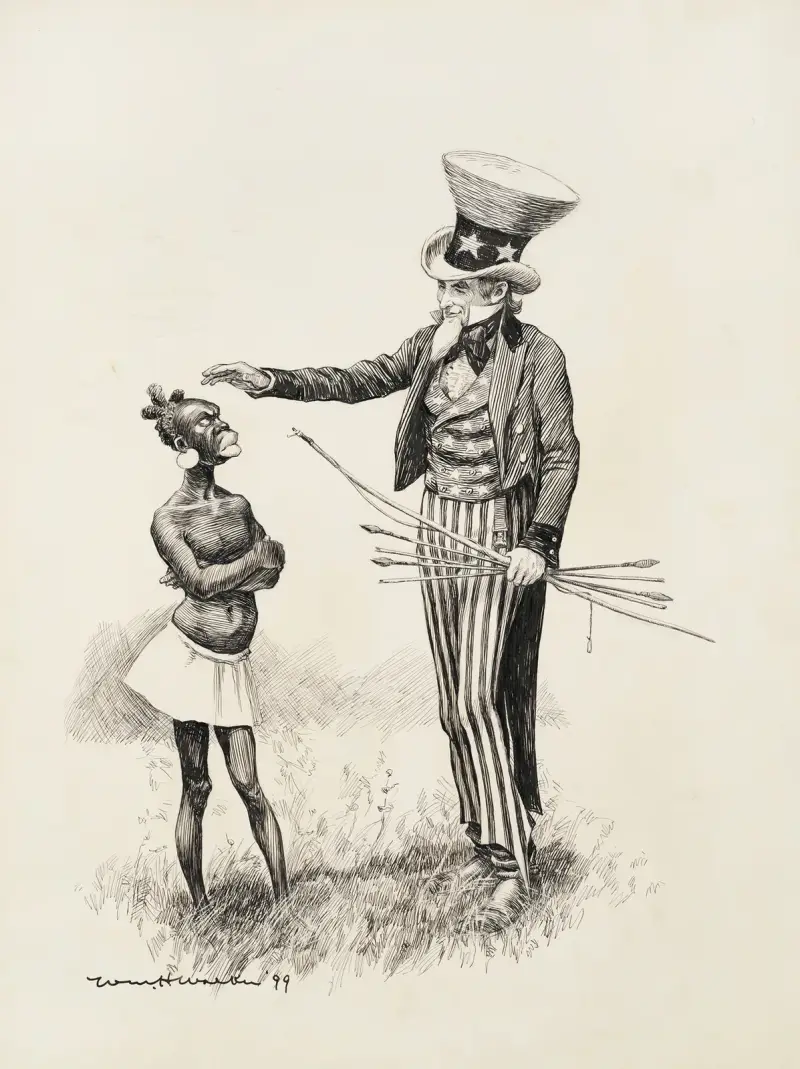 Uncle Sam holds a bow and arrows and tries to pat an angry black man in native dress on the head. av William Henry Walker