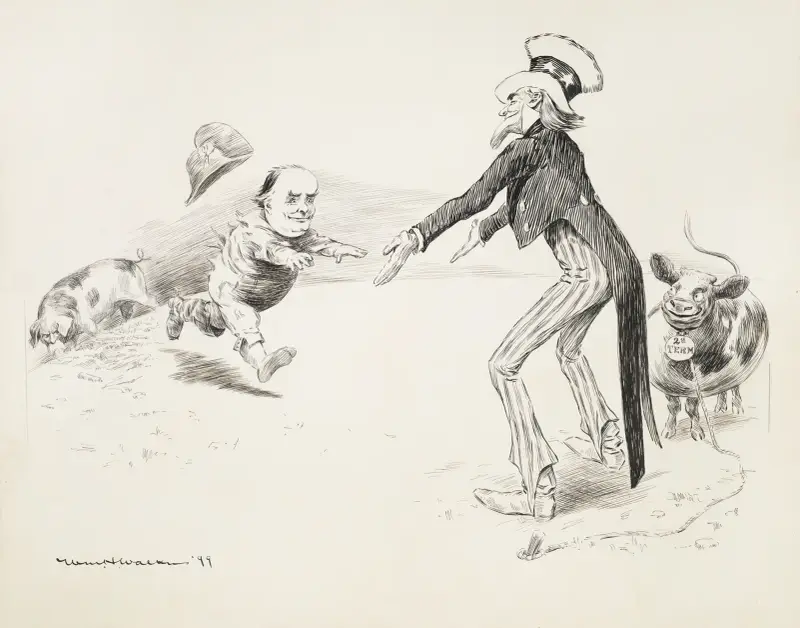Uncle Sam holds out his arms to William Jennings Bryan to offer him a cow representing a second term. av William Henry Walker