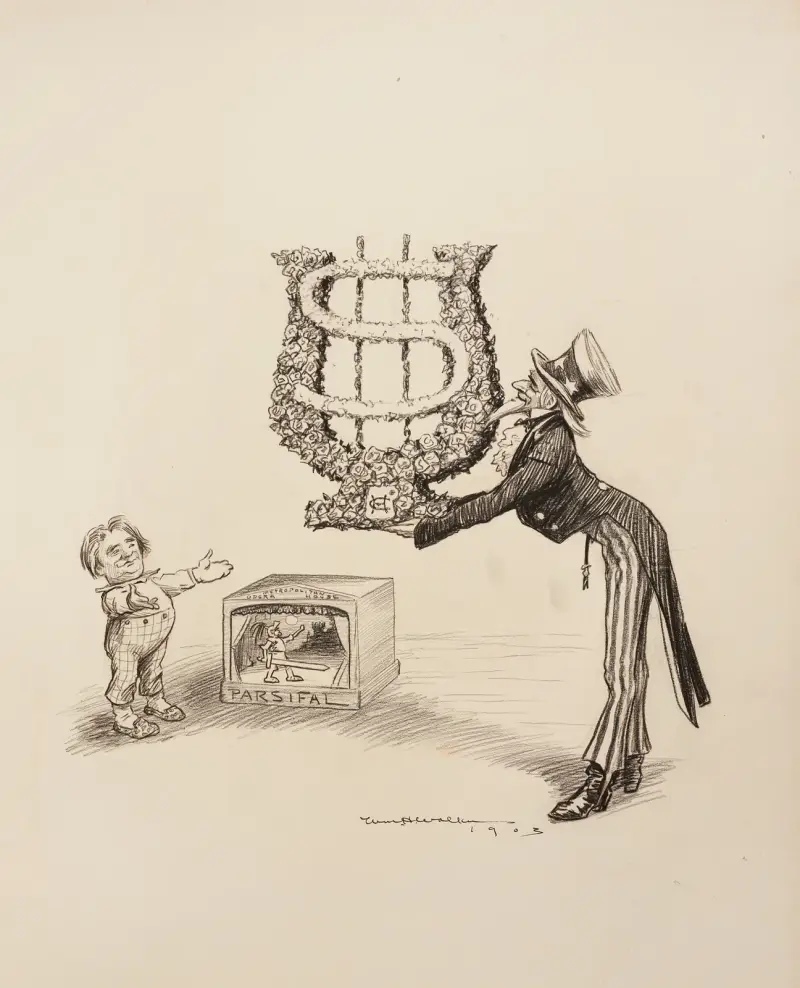 Wuj Sam ofiarowuje wieniec w kształcie znaku dolara Parsifalowi i Metropolitan Opera House, przedstawionym jako chłopiec i scena lalkowa, William Henry Walker
