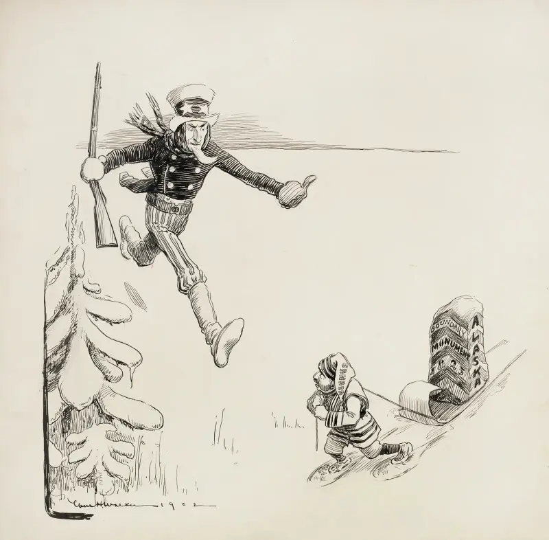 Onkel Sam eilt, um einen kleinen Mann aufzuhalten, der das Grenzmonument von Alaska von 1825 verschiebt von William Henry Walker
