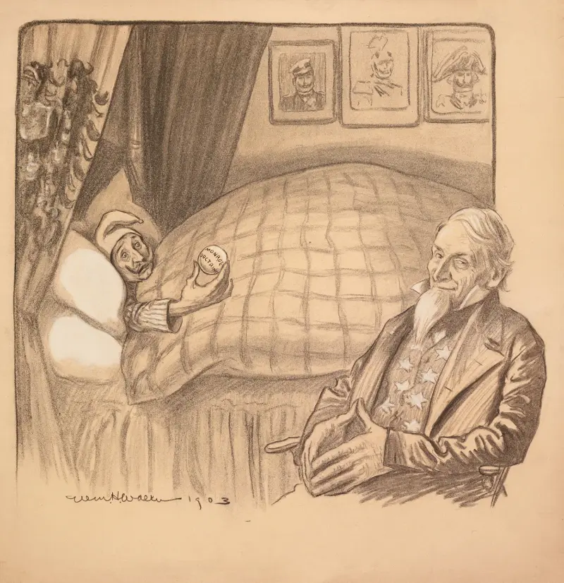 Onkel Sam sitzt lächelnd am Bett eines kranken Mannes, der die Monroedoktrin repräsentiert von William Henry Walker