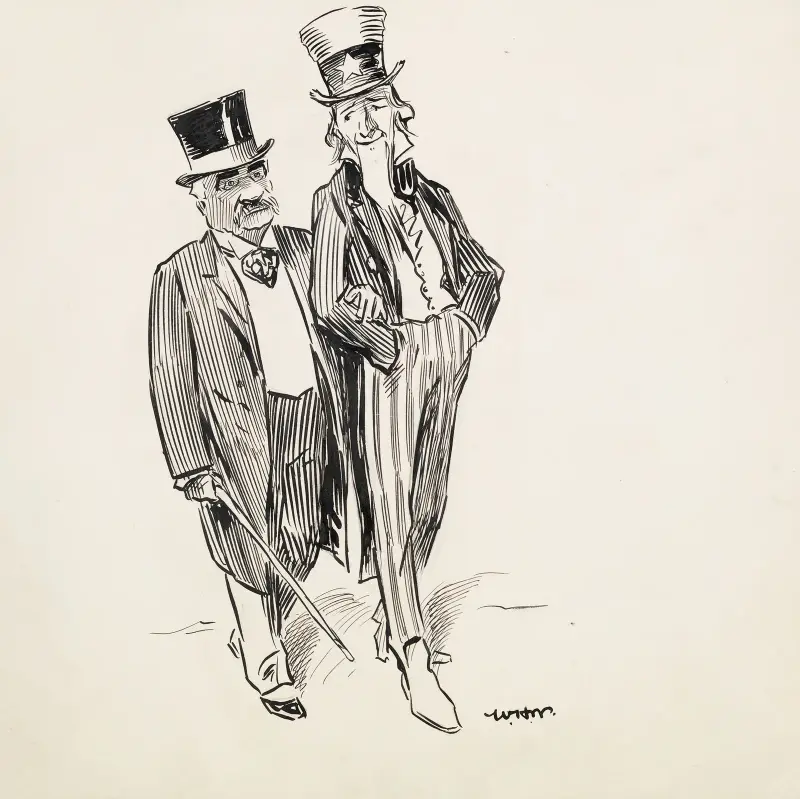 Wuj Sam ramię w ramię z bogaczem, prawdopodobnie J. Pierpontem Morganem, William Henry Walker