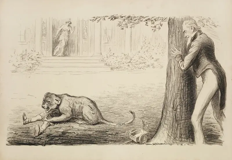 Uncle Sam beobachtet hinter einem Baum, wie ein Löwenjunges einen Jungen anfällt von William Henry Walker