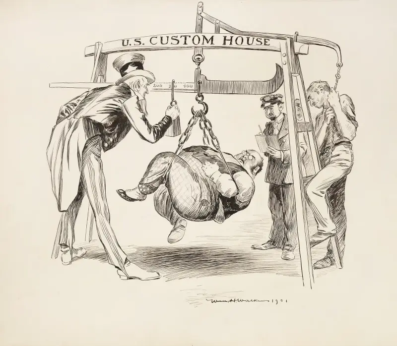 Uncle Sam wiegt einen dicken Mann im U.S. Custom House von William Henry Walker