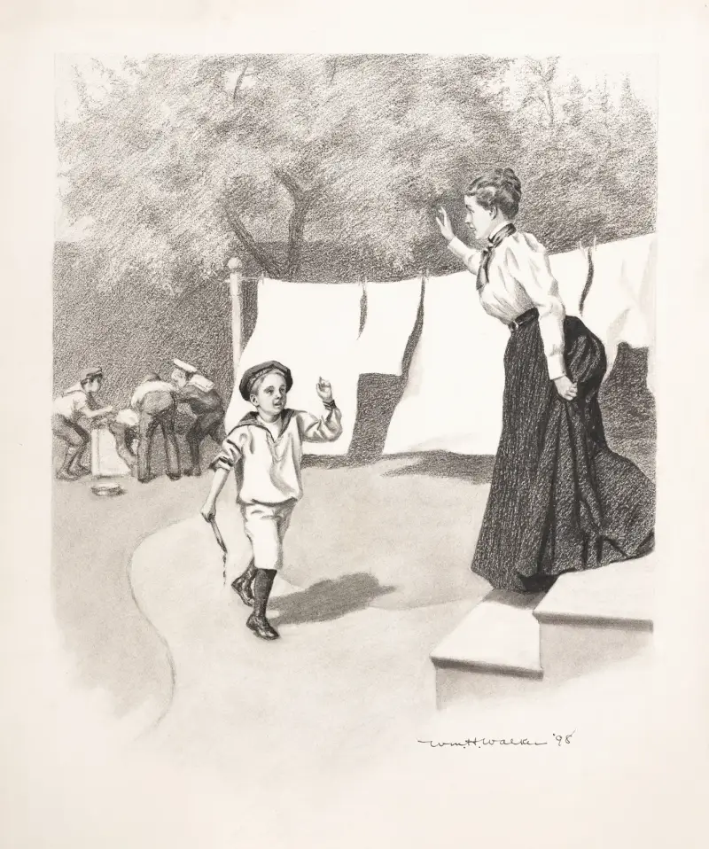 Frau auf der Treppe ruft Jungen in Matrosenanzügen zu von William Henry Walker