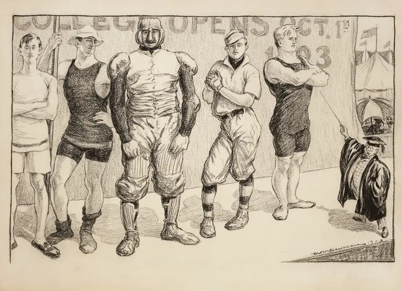 Young men in athletic uniforms of various sports under a sign reading ‘college opens Oct. 1st.’ av William Henry Walker