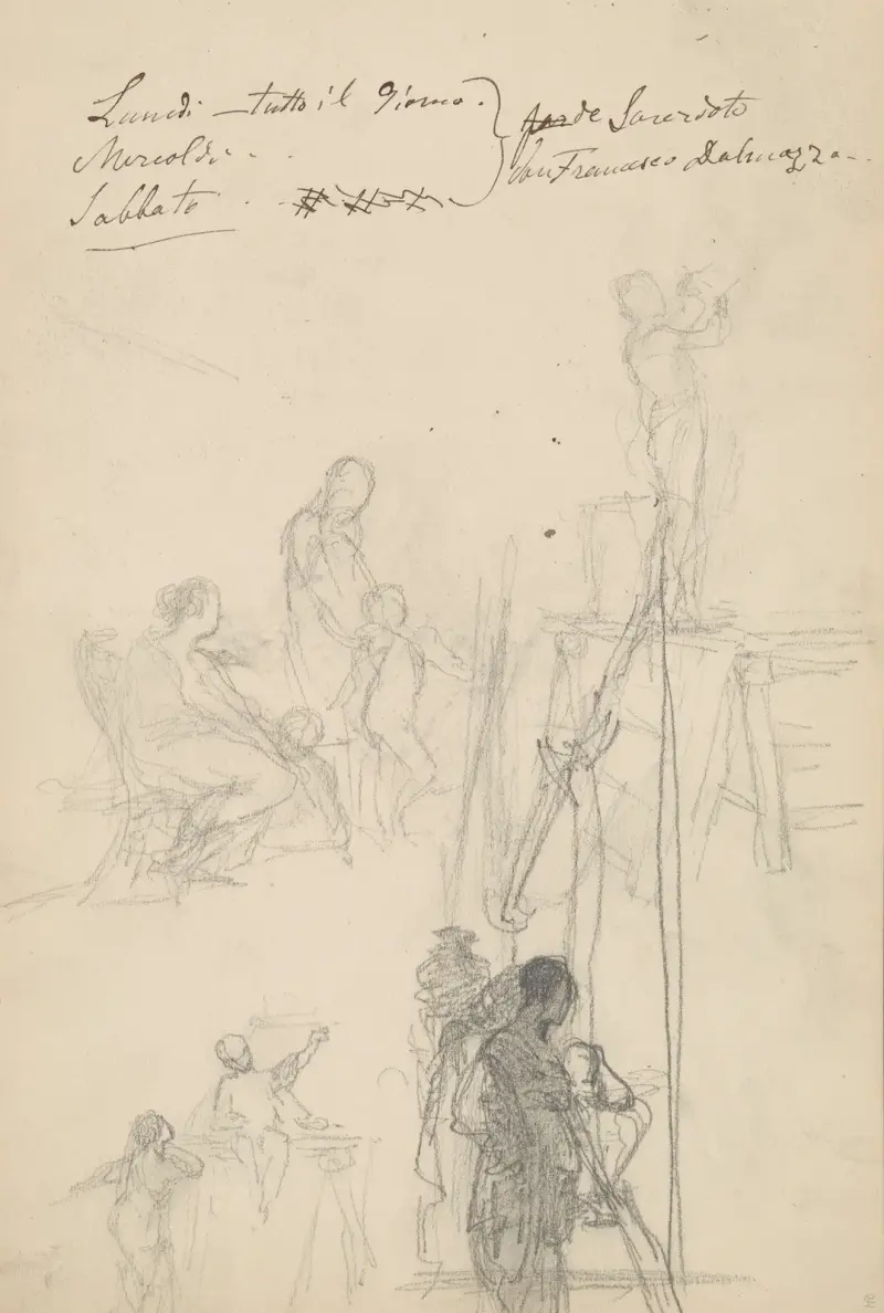 Lose Skizzen, u. a. Figuren mit einem Amoretto, Figuren auf Gerüsten von Henryk Siemiradzki