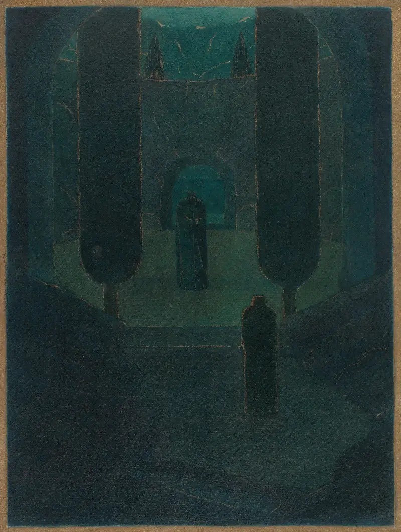 Cloaked Figures in a Dark Garden av Herbert Crowley