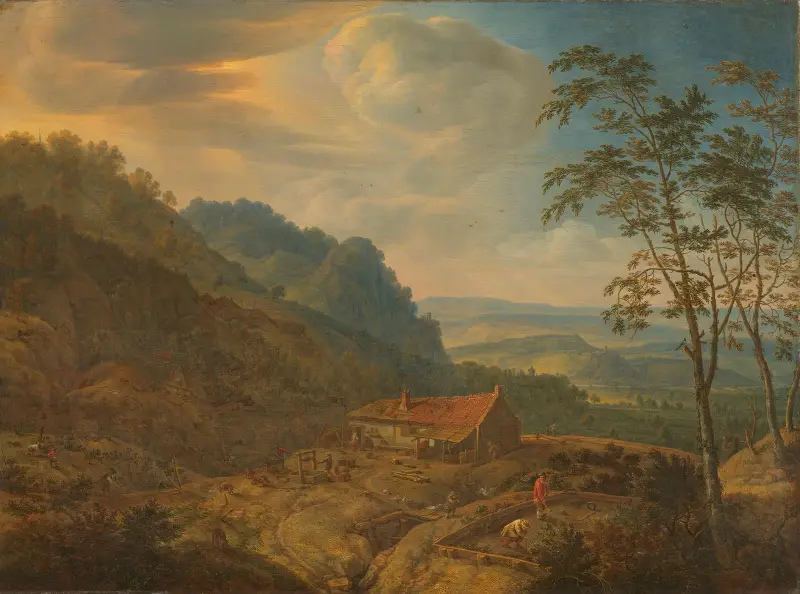 Berglandschap met boerderij av Herman Saftleven