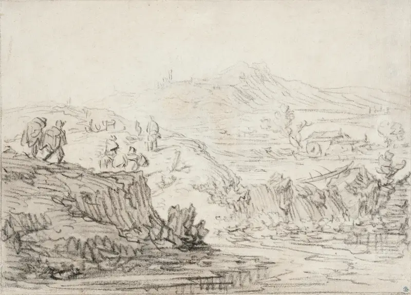 Kuperat landskap med bäck och figurer av Herman Saftleven