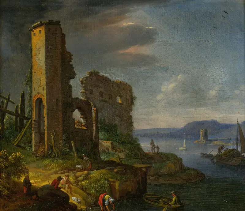 Flodlandskap med ruiner, båtar och figurer av Herman Saftleven