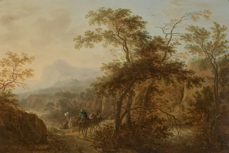 Travellers on a wooded path by a river and bathers in a mountainous landscape av Herman Saftleven