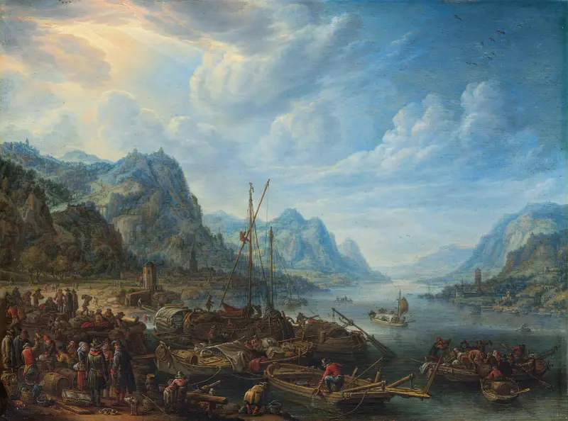 View of a River with Boat Moorings av Herman Saftleven