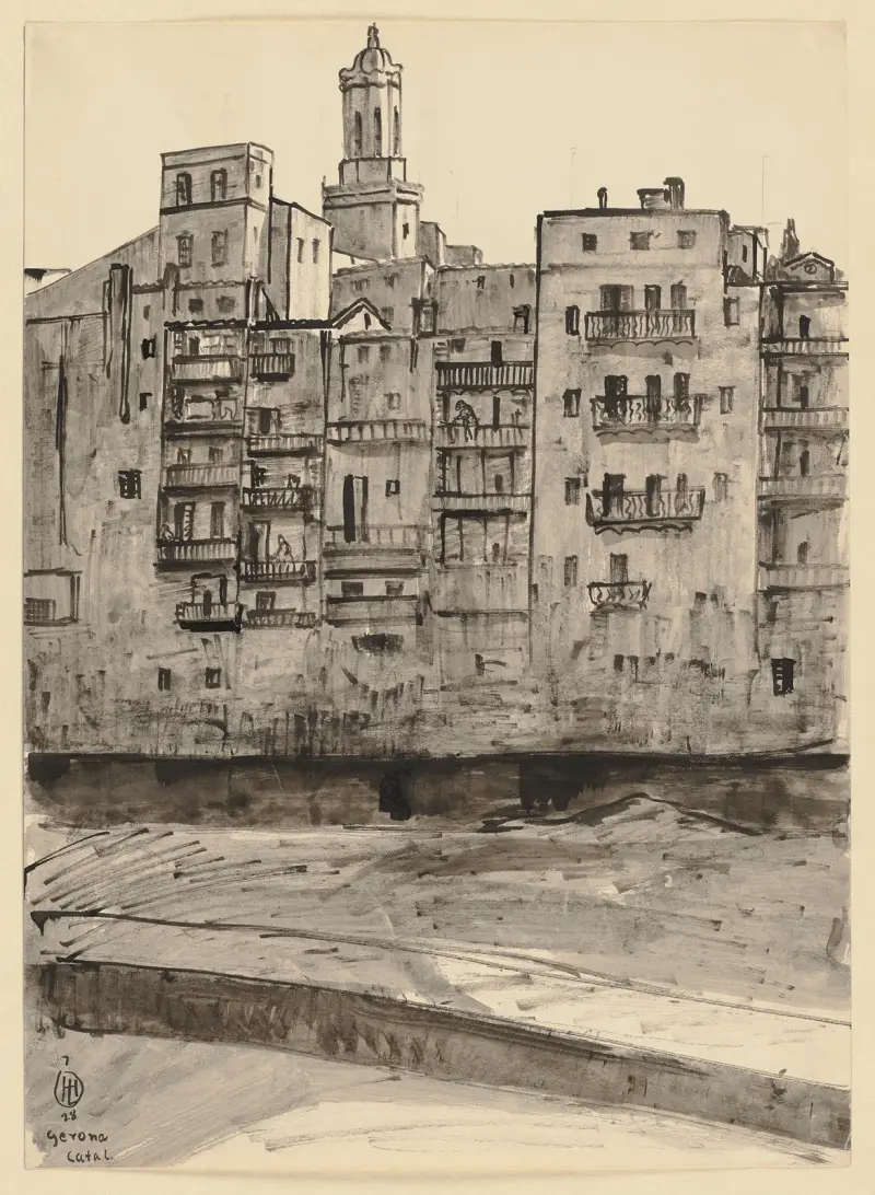 Girona sett från floden, med katedralens torn i bakgrunden av Hermann Lismann
