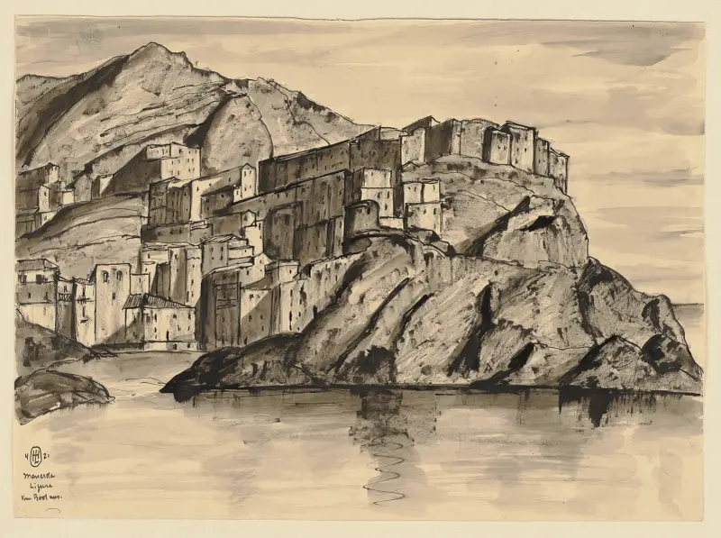 Manarola i Ligurien sedd från båt av Hermann Lismann