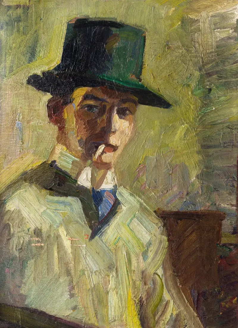 Selbstbildnis mit hohem Hut und Zigarette von Hermann Stenner