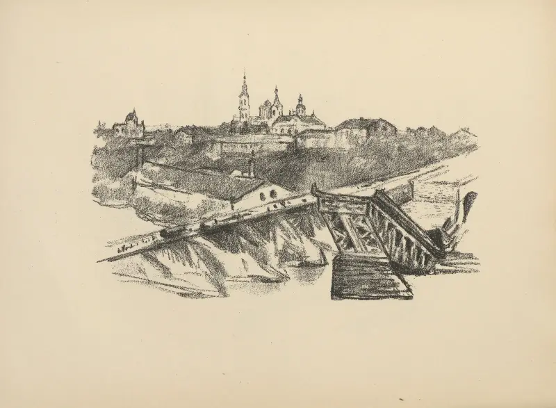 Blick auf Grodno mit Gesprengter Brücke av Hermann Struck