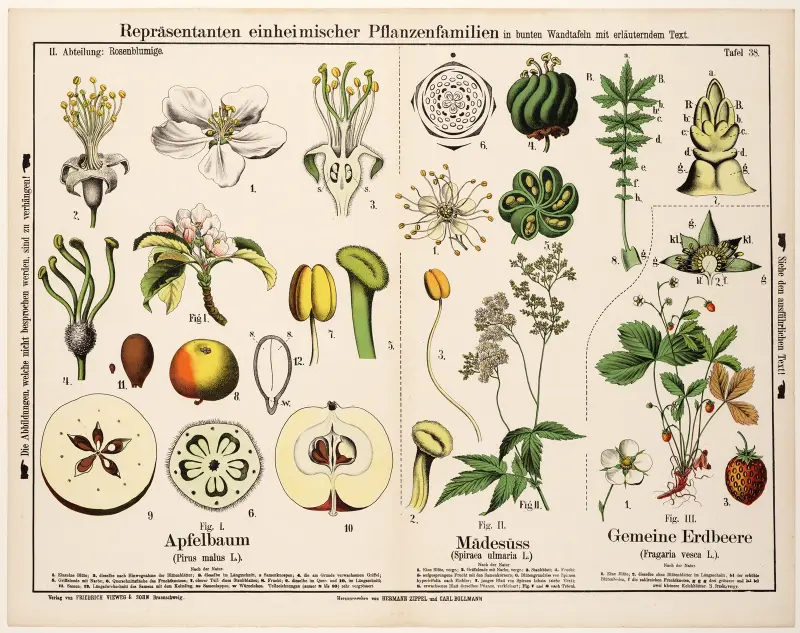 Pirus malus, Spiraea ulmaria, Fragaria vesca ; appelboom, moerasspirea, aardbei av Hermann Zippel