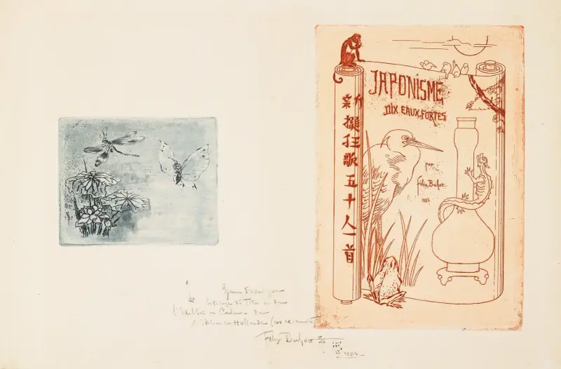Bokmärke och titelsida från Japonisme av Félix Hilaire Buhot