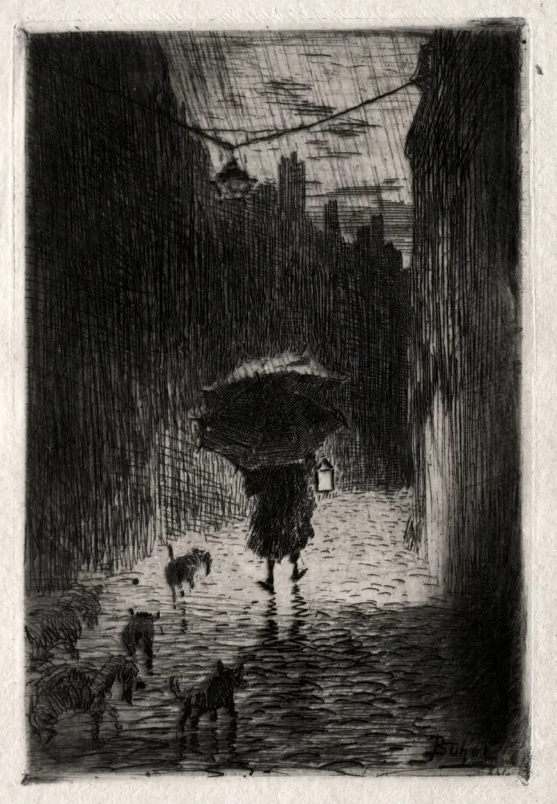 Regn och paraply av Félix Hilaire Buhot