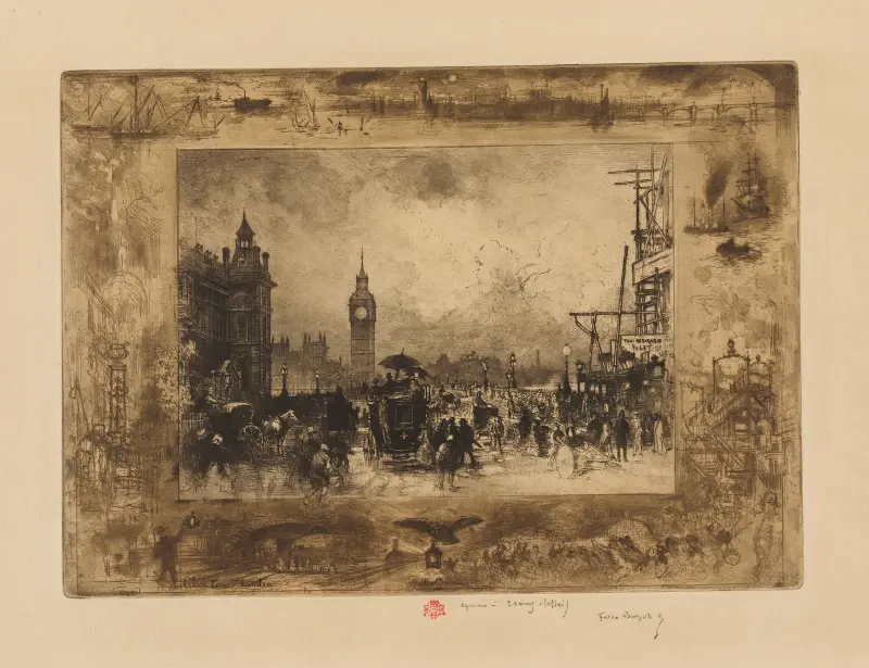 Westminster Bridge, or Westminster Clock Tower av Félix Hilaire Buhot