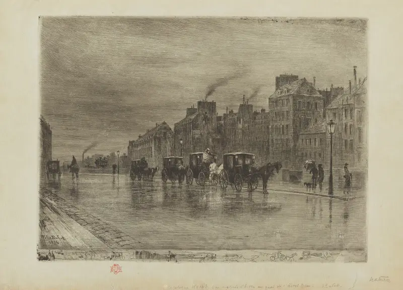 Winter Morning on the Quay of the Hôtel Dieu [Hospital] av Félix Hilaire Buhot
