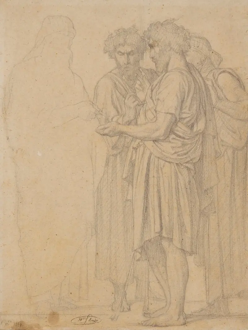Groupe de trois hommes drapés av Jean-Hippolyte Flandrin