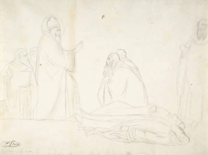 Miracle of St. Sylvester; the Raising of Two Pagan Priests, after Maso di Banco, S. Croce, Florence av Jean-Hippolyte Flandrin