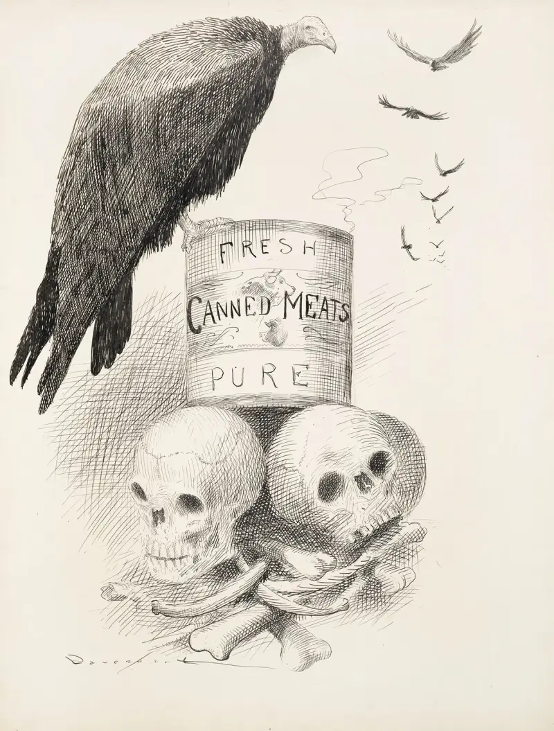 A can of ‘Fresh Canned Meats’ sits on top of human bones. Vultures circle the can, and one sits on it. av Homer Davenport
