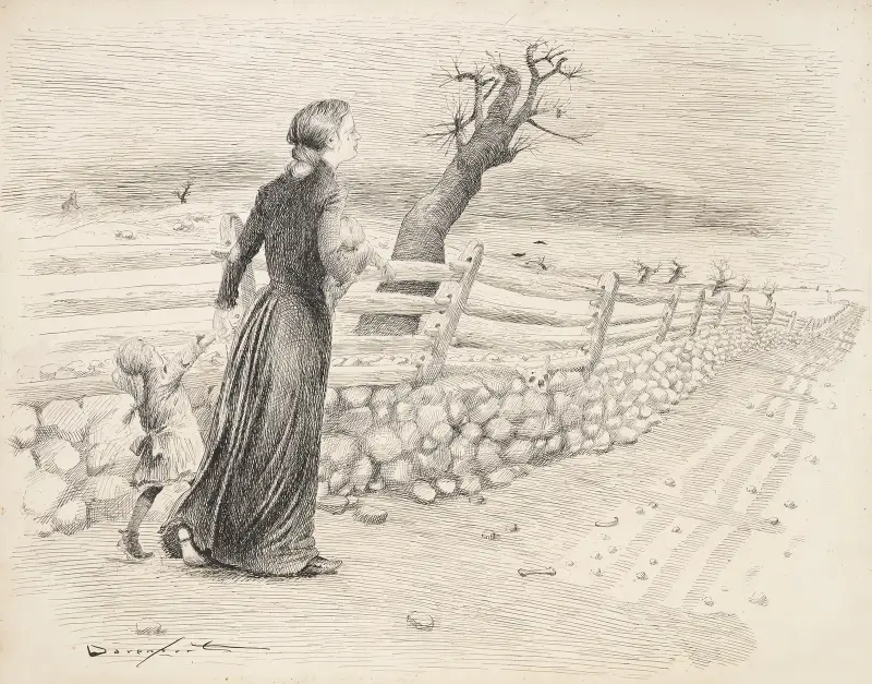 A crying woman carries a baby and leads a young girl, walking along a fence av Homer Davenport