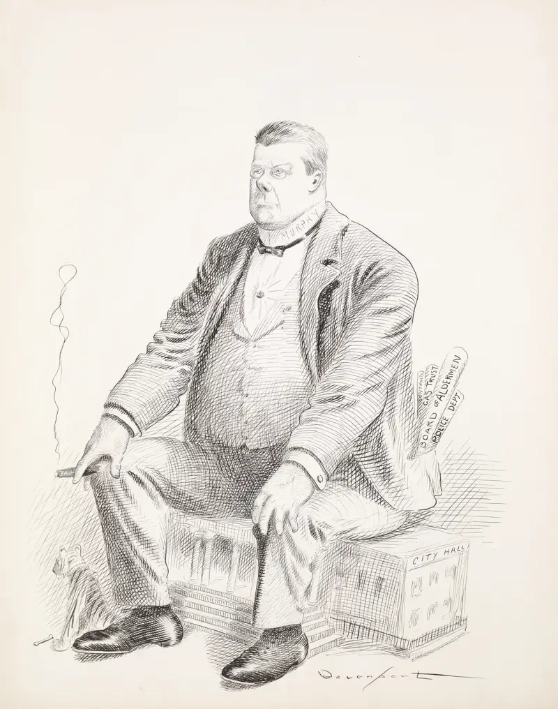A large man, Murphy, sits on City Hall av Homer Davenport