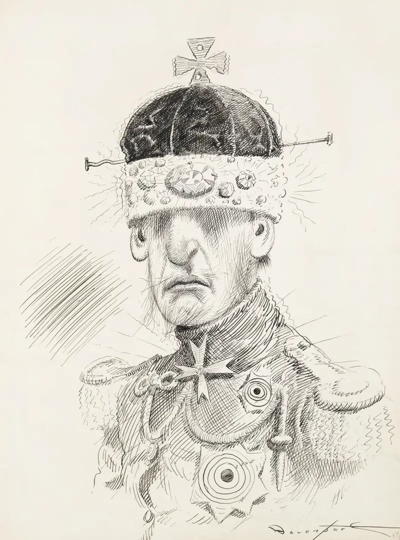 En man i grann uniform med många medaljer, och en krona neddragen över ögonen av Homer Davenport