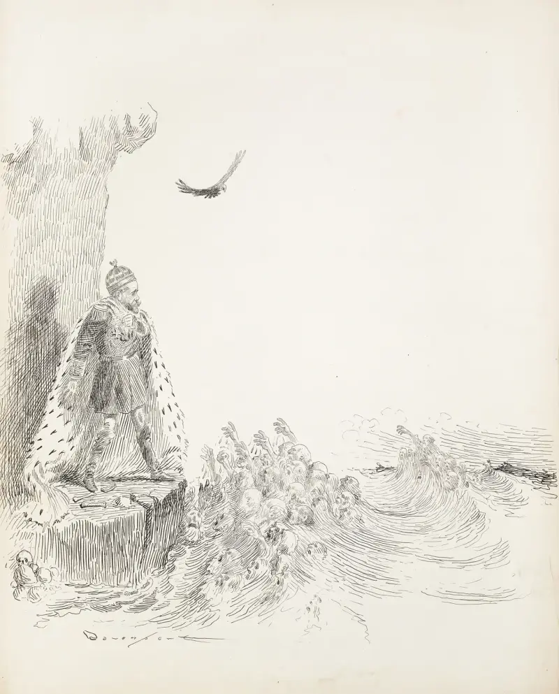 A man in a robe with military metals stands on the edge of the water av Homer Davenport