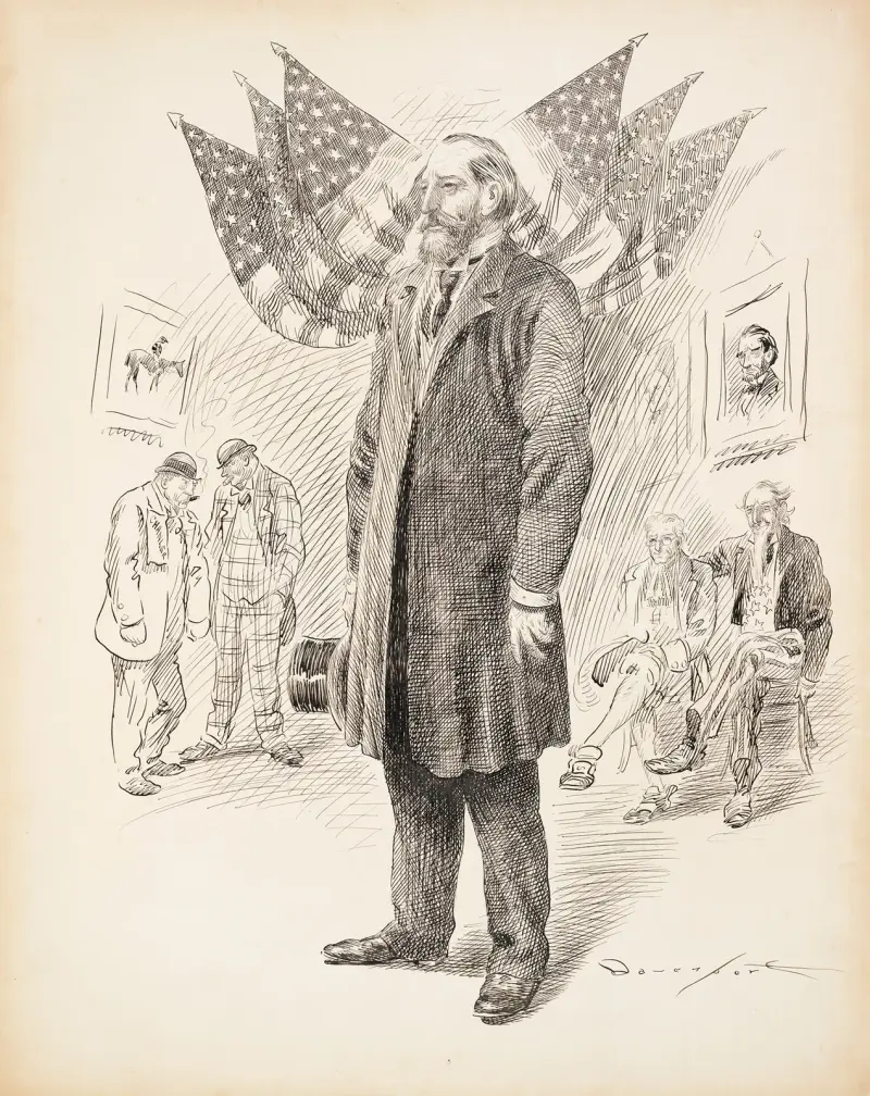A man in a suit stands in the center with American flags behind him av Homer Davenport