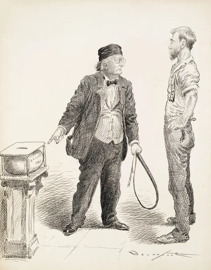 En man i kostym, med en piska i handen, beordrar en man som representerar arbetet att lägga sin röst i valurnan. av Homer Davenport
