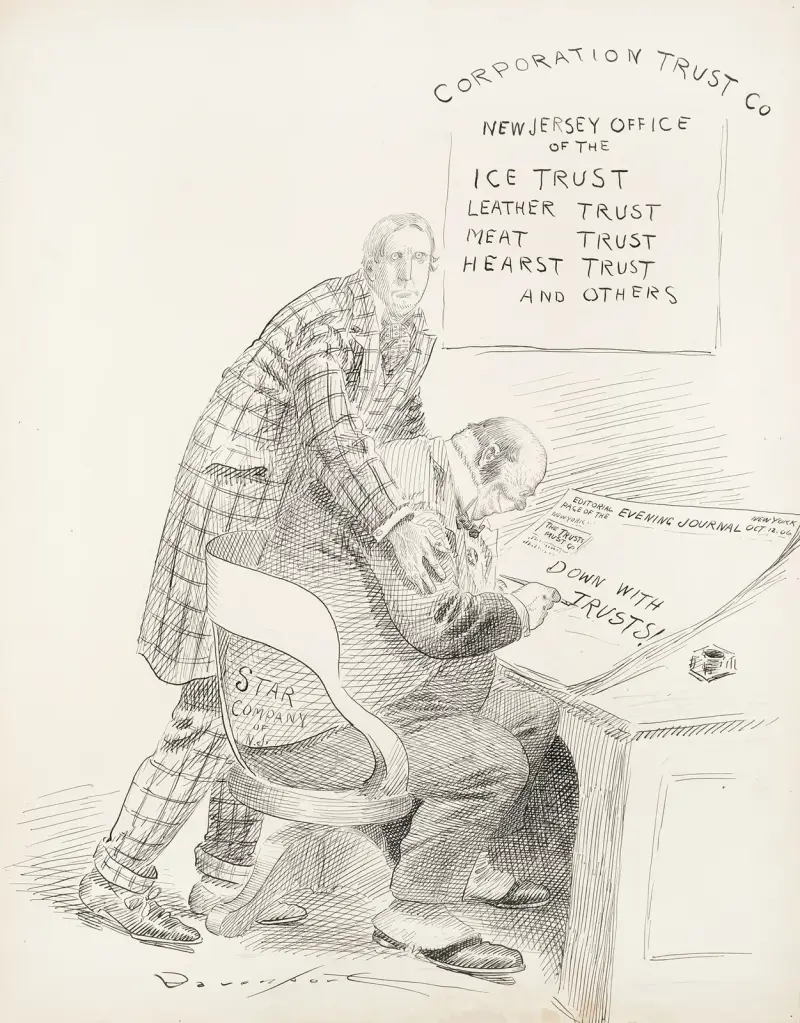 A man representing the Star Company of N.J. sits in the Corporation Trust Co. office and writes an editorial for a New York newspaper av Homer Davenport