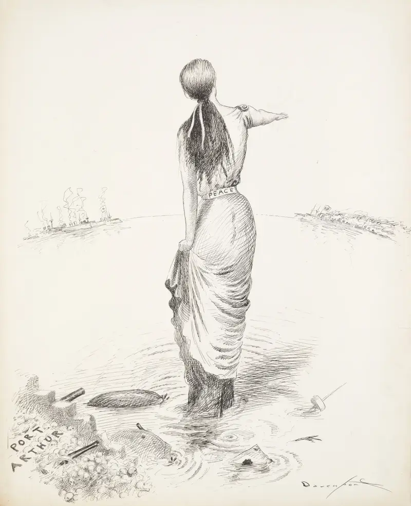 A woman representing peace stands in Port Arthur, filled with skulls and cannons av Homer Davenport