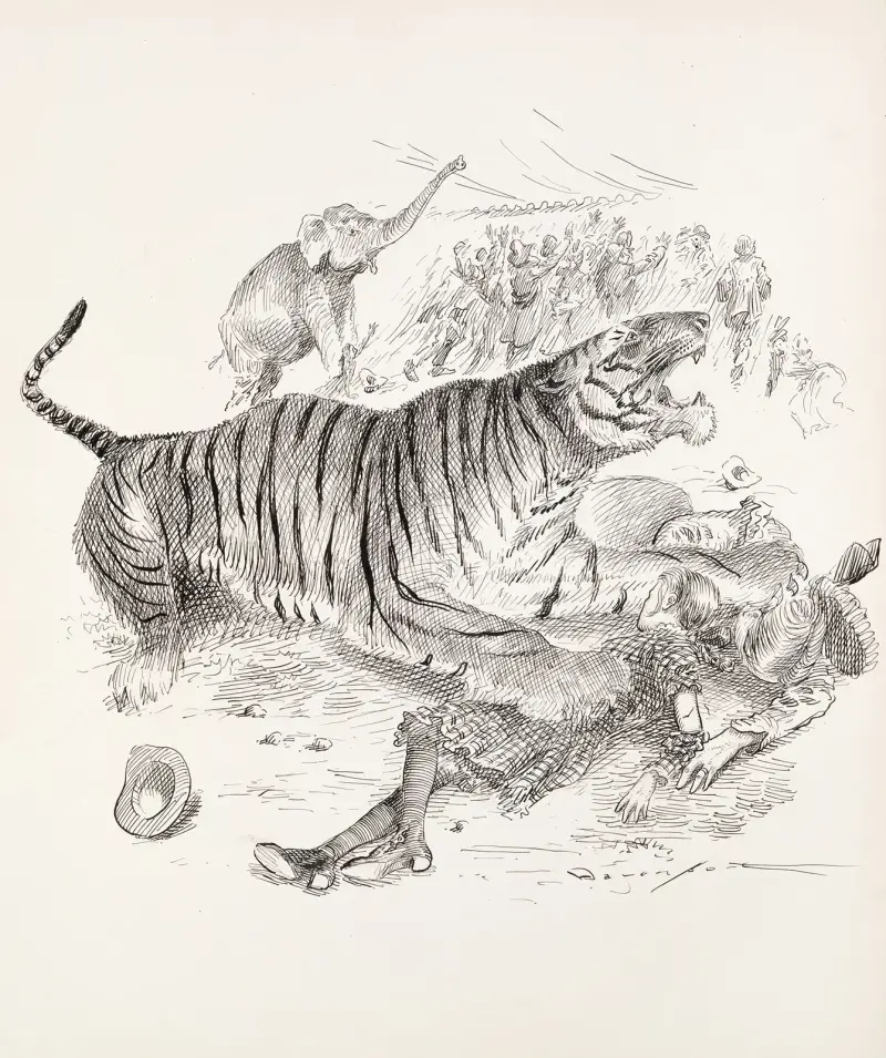 At a circus, a tiger holds a woman and a girl under its paws, and an elephant steps on another woman av Homer Davenport