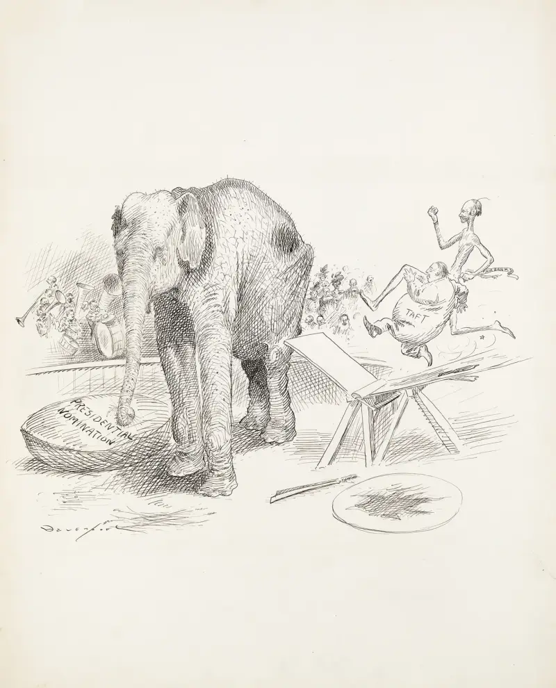 Im Zirkus versuchen Taft und Fairbanks auf einer Rampe über einen Elefanten zu springen und in einer Schüssel mit der Aufschrift „Presidential Nomination“ zu landen von Homer Davenport
