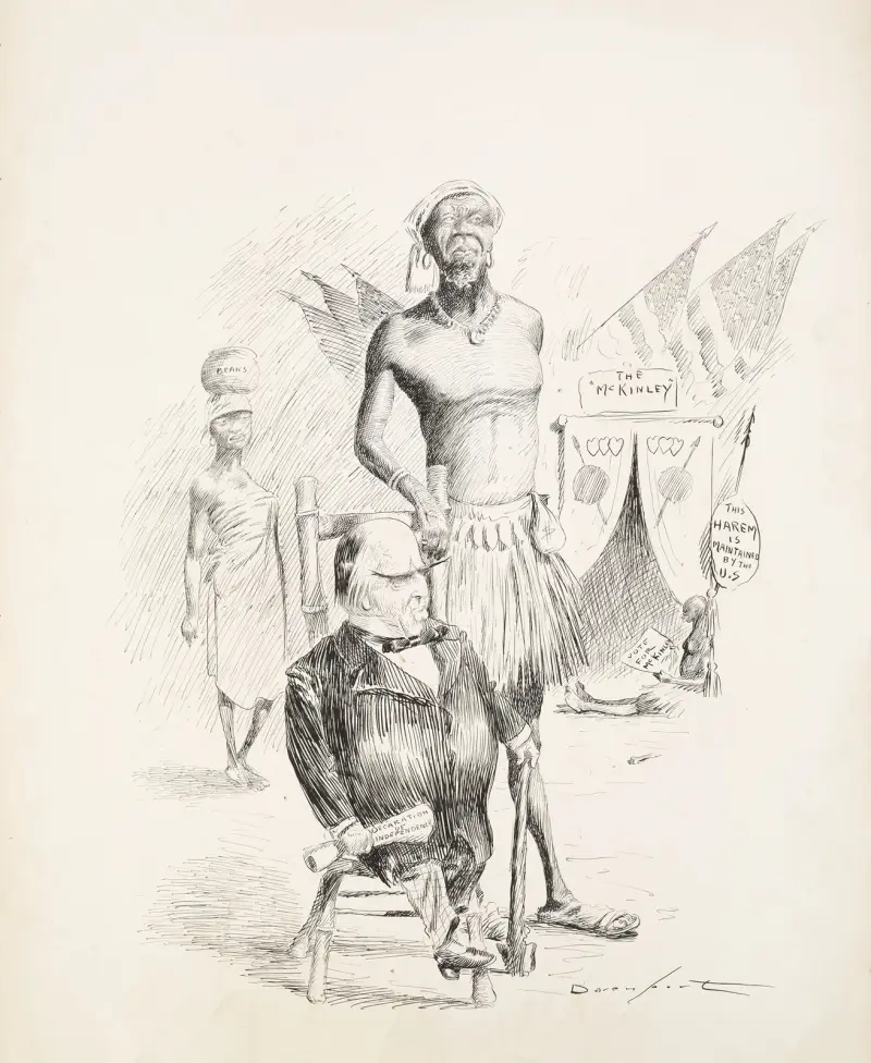 McKinley, holding a declaration of independence, walks with a tall African man who has a bag of money av Homer Davenport
