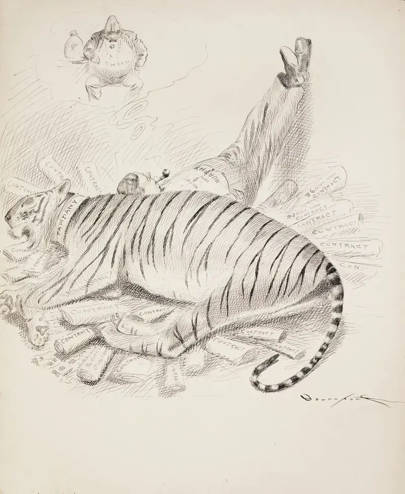 Murphy vilar lutad mot en stor tiger, som representerar Tammany Hall av Homer Davenport
