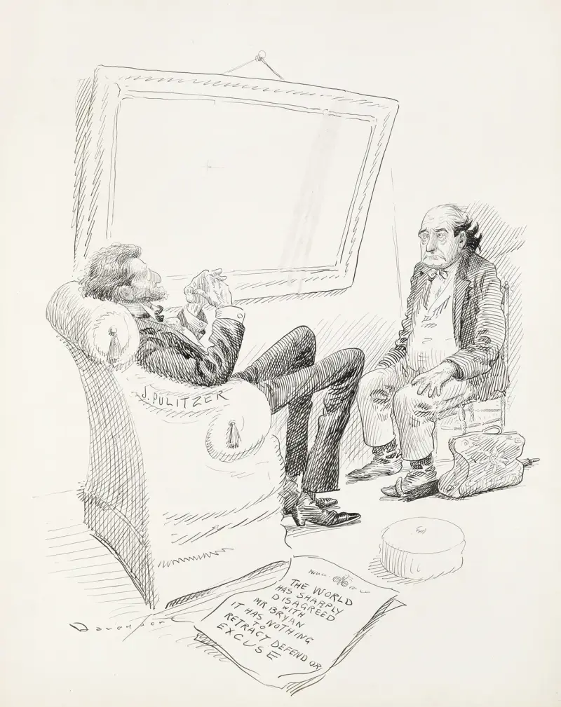 Tidningsutgivaren J. Pulitzer sitter med William Jennings Bryan, som rynkar pannan av Homer Davenport