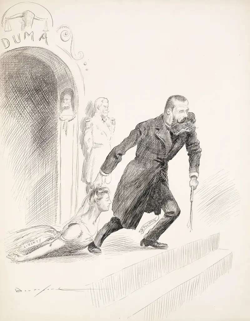 Pyotr Stoylpin, a Russian politician drags a woman representing Liberty by the hair from a building av Homer Davenport
